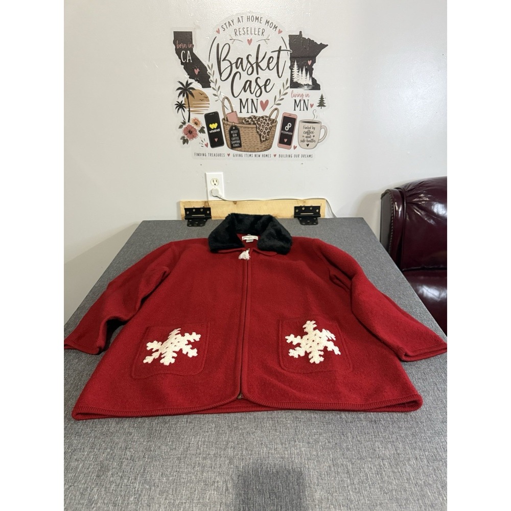 Eminent by Lisa Womens 1X Red Snowflake Full Zip Jacket Boiled Wool Trim Pockets